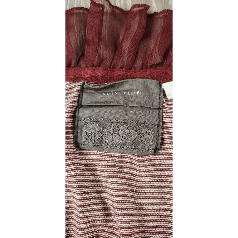 GUINEVERE XS‎ Anthropologie Cardigan Knit Top Ruffle Edge Burgundy Stripe Hook